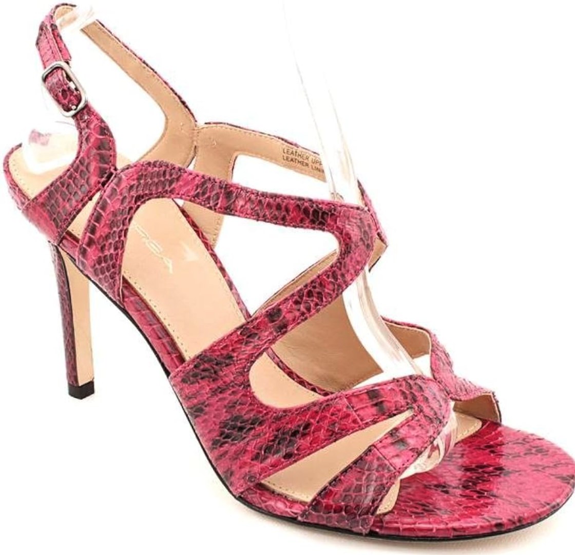 Via Spiga fuchsia pink snake-embossed multi-strap stiletto sandal with ankle buckle