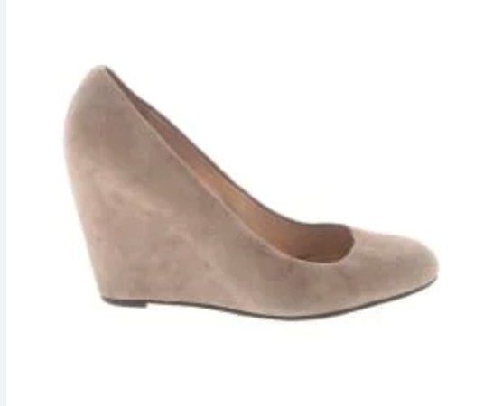 Via Spiga taupe suede round-toe wedge pump on white background